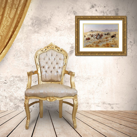 Stagecoach Attack Gold Ornate Wood Framed Art Print with Double Matting by Russell, Charles Marion