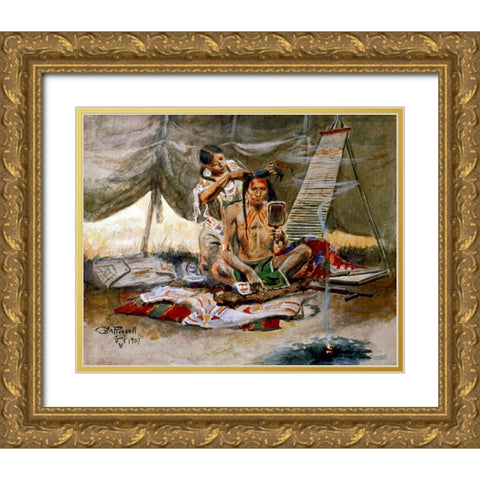 The Beauty Parlor 1907 Gold Ornate Wood Framed Art Print with Double Matting by Russell, Charles Marion
