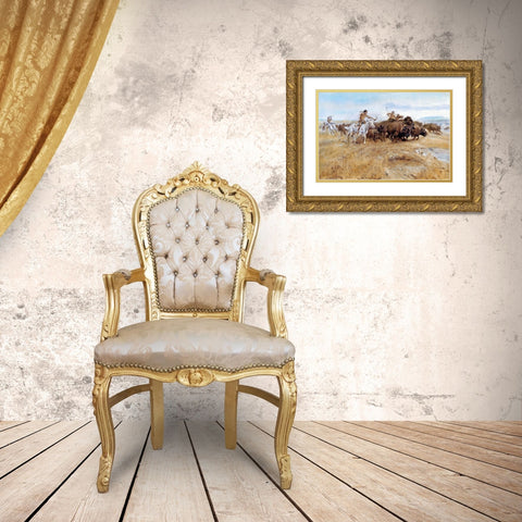 The Buffalo Hunt Gold Ornate Wood Framed Art Print with Double Matting by Russell, Charles Marion