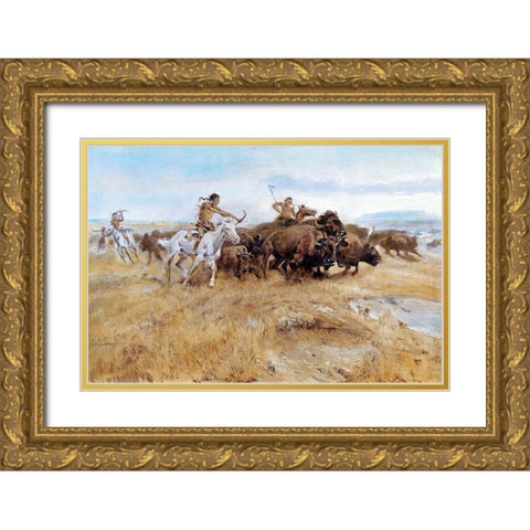 The Buffalo Hunt Gold Ornate Wood Framed Art Print with Double Matting by Russell, Charles Marion