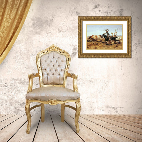 OH Cowboys Roping a Steer Gold Ornate Wood Framed Art Print with Double Matting by Russell, Charles Marion
