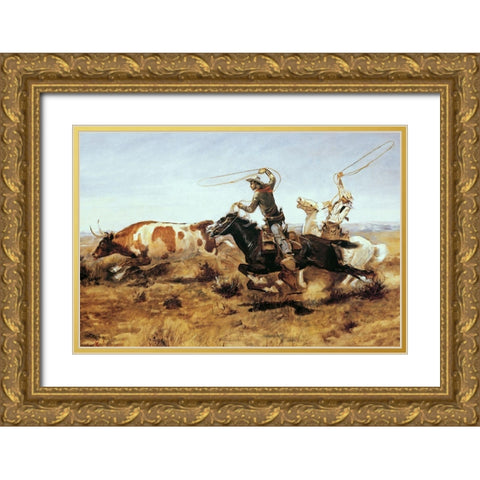 OH Cowboys Roping a Steer Gold Ornate Wood Framed Art Print with Double Matting by Russell, Charles Marion