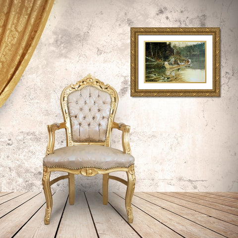 On The Flathead Gold Ornate Wood Framed Art Print with Double Matting by Russell, Charles Marion