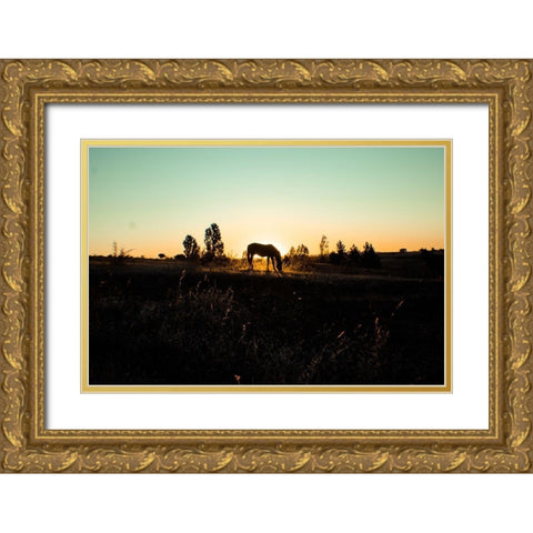 Grazing at Sunset Gold Ornate Wood Framed Art Print with Double Matting by The Yellowstone Collection