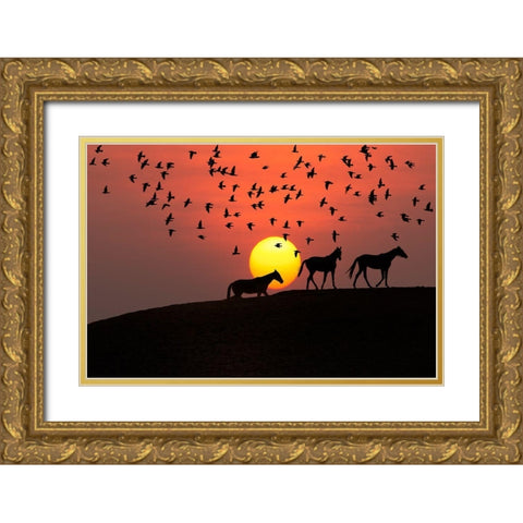 Sunset Stroll Gold Ornate Wood Framed Art Print with Double Matting by The Yellowstone Collection