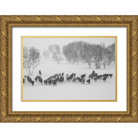 Winter Round Up Gold Ornate Wood Framed Art Print with Double Matting by The Yellowstone Collection