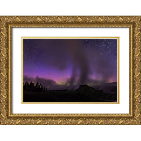 Aurora borealis I, Upper Geyser Basin, Yellowstone National Park Gold Ornate Wood Framed Art Print with Double Matting by The Yellowstone Collection