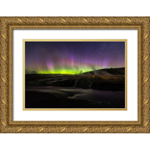 Aurora borealis III, Upper Geyser Basin, Yellowstone National Park Gold Ornate Wood Framed Art Print with Double Matting by The Yellowstone Collection