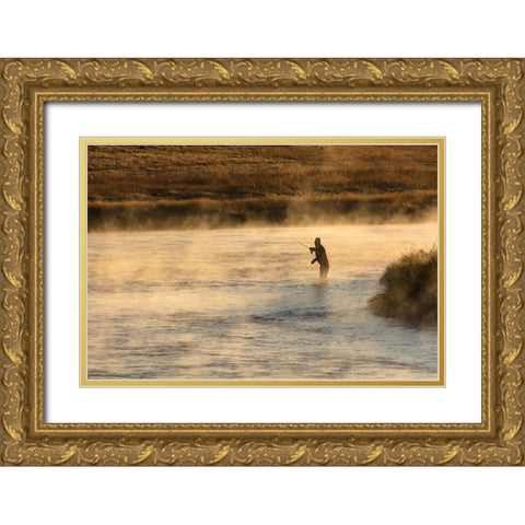 Fall Fishing on the Madison River at Sunrise, Yellowstone National Park Gold Ornate Wood Framed Art Print with Double Matting by Frank, Jacob W.