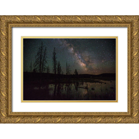 Firehole Lake Drive and Milky Way, Yellowstone National Park Gold Ornate Wood Framed Art Print with Double Matting by The Yellowstone Collection
