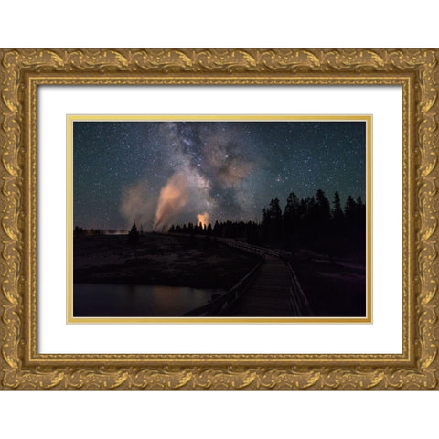 Milky Way and Castle Geyser over the Firehole River, Yellowstone National Park Gold Ornate Wood Framed Art Print with Double Matting by Frank, Jacob W.