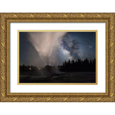 Milky Way over Castle Geyser, Yellowstone National Park Gold Ornate Wood Framed Art Print with Double Matting by The Yellowstone Collection