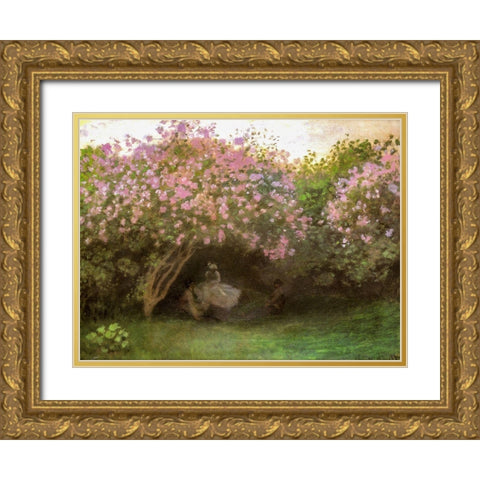 Beneath the Lilacs 1872 Gold Ornate Wood Framed Art Print with Double Matting by Monet, Claude
