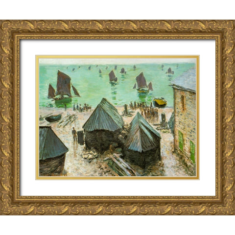 Departure of boats-Etretat 1883 Gold Ornate Wood Framed Art Print with Double Matting by Monet, Claude