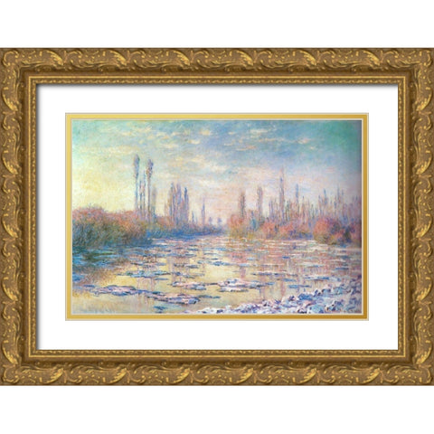 Floating ice on Seine 1880 Gold Ornate Wood Framed Art Print with Double Matting by Monet, Claude