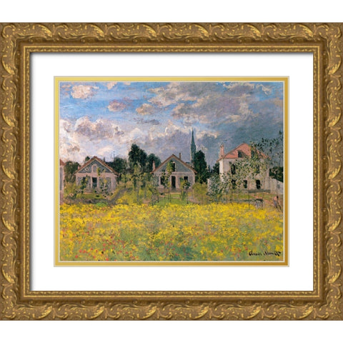 Houses at Edge of Field 1873 Gold Ornate Wood Framed Art Print with Double Matting by Monet, Claude