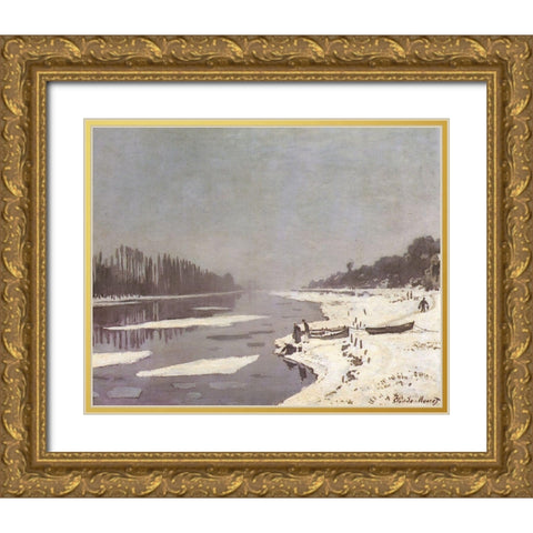 Ice on the Seine at Bougival 1868 Gold Ornate Wood Framed Art Print with Double Matting by Monet, Claude