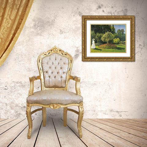 Jeanne-Marguerite Lecadre in Garden 1866 Gold Ornate Wood Framed Art Print with Double Matting by Monet, Claude