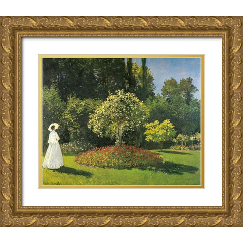 Jeanne-Marguerite Lecadre in Garden 1866 Gold Ornate Wood Framed Art Print with Double Matting by Monet, Claude