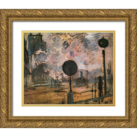 La Gare St. Lazare-signal 1876 Gold Ornate Wood Framed Art Print with Double Matting by Monet, Claude