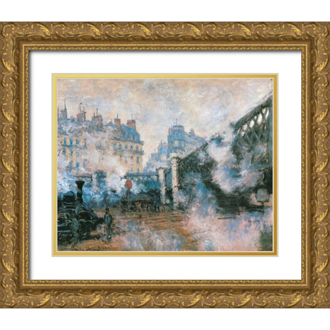 La Gare St-Lazare-Pont de LEurope 1877 Gold Ornate Wood Framed Art Print with Double Matting by Monet, Claude