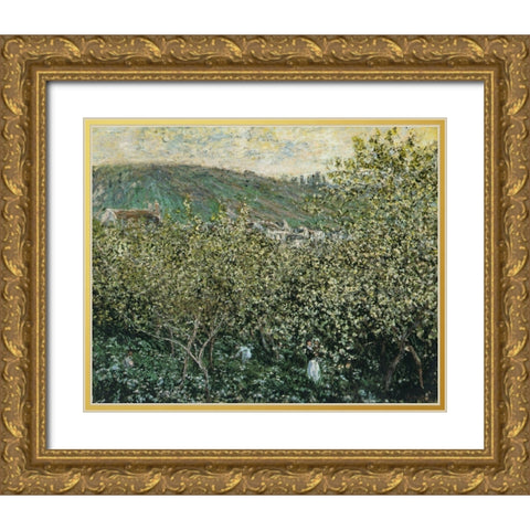 Landscape with Orchard and Figures 1879 Gold Ornate Wood Framed Art Print with Double Matting by Monet, Claude