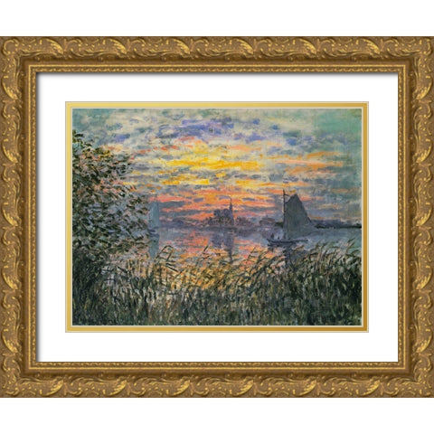 Marine View-Sunset 1874 Gold Ornate Wood Framed Art Print with Double Matting by Monet, Claude
