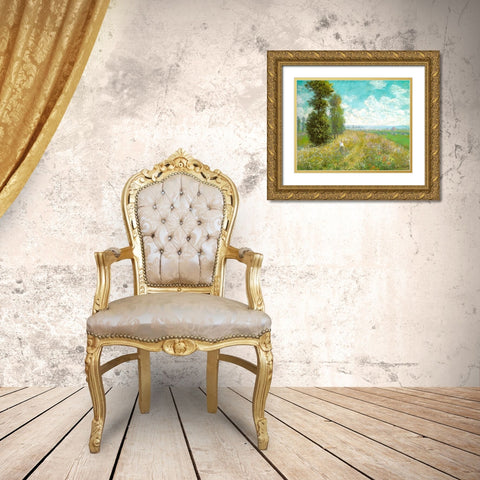 Meadow with Poplars 1875 Gold Ornate Wood Framed Art Print with Double Matting by Monet, Claude