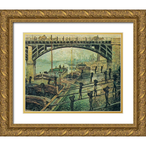 Men unloading coal 1875 Gold Ornate Wood Framed Art Print with Double Matting by Monet, Claude