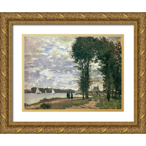 Promenade along the Seine 1872 Gold Ornate Wood Framed Art Print with Double Matting by Monet, Claude