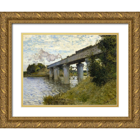 Railway Bridge-Argenteuil 1874 Gold Ornate Wood Framed Art Print with Double Matting by Monet, Claude