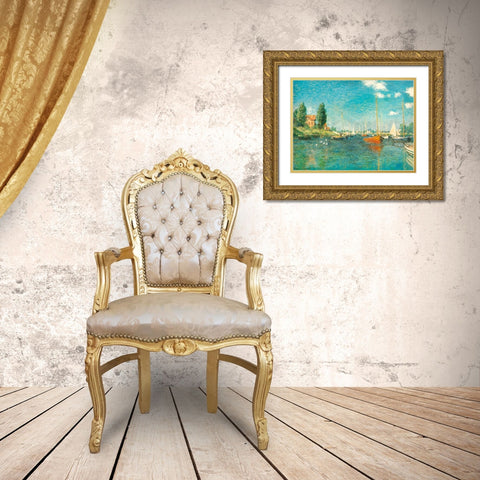 Red Boats 1875 Gold Ornate Wood Framed Art Print with Double Matting by Monet, Claude