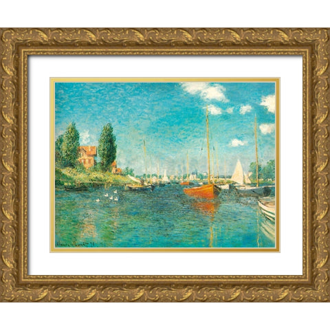 Red Boats 1875 Gold Ornate Wood Framed Art Print with Double Matting by Monet, Claude