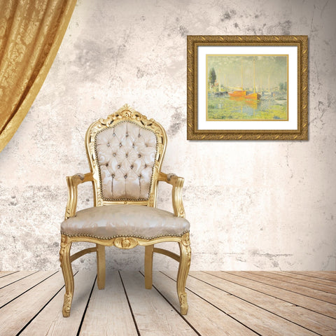 Red Boats-Argenteuil 1875 Gold Ornate Wood Framed Art Print with Double Matting by Monet, Claude