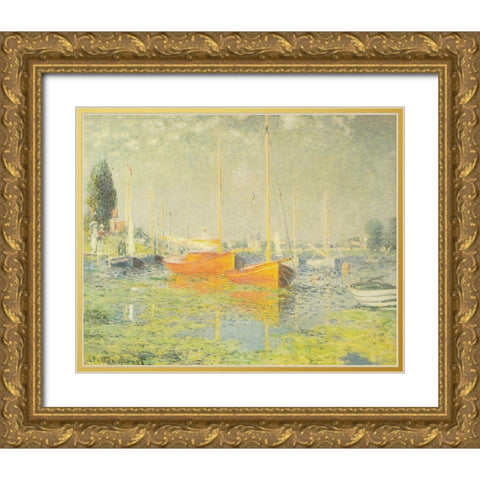 Red Boats-Argenteuil 1875 Gold Ornate Wood Framed Art Print with Double Matting by Monet, Claude