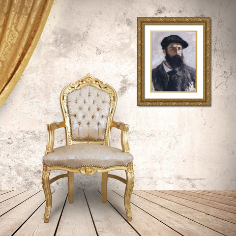 Self-portrait in beret 1886 Gold Ornate Wood Framed Art Print with Double Matting by Monet, Claude