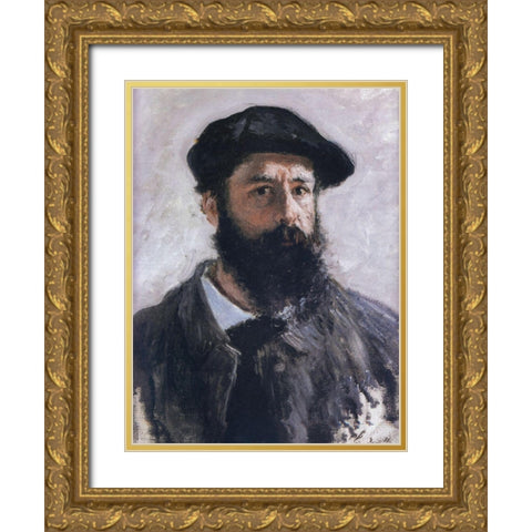 Self-portrait in beret 1886 Gold Ornate Wood Framed Art Print with Double Matting by Monet, Claude