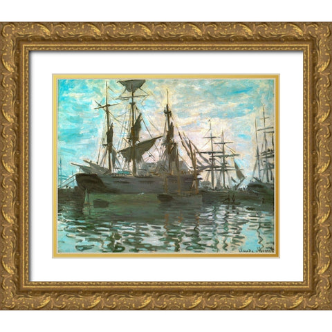 Ships in a harbour 1873 Gold Ornate Wood Framed Art Print with Double Matting by Monet, Claude
