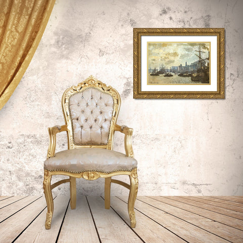 The Pool of London 1871 Gold Ornate Wood Framed Art Print with Double Matting by Monet, Claude