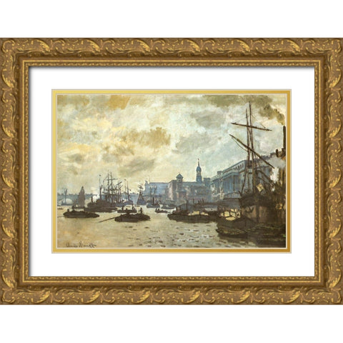 The Pool of London 1871 Gold Ornate Wood Framed Art Print with Double Matting by Monet, Claude