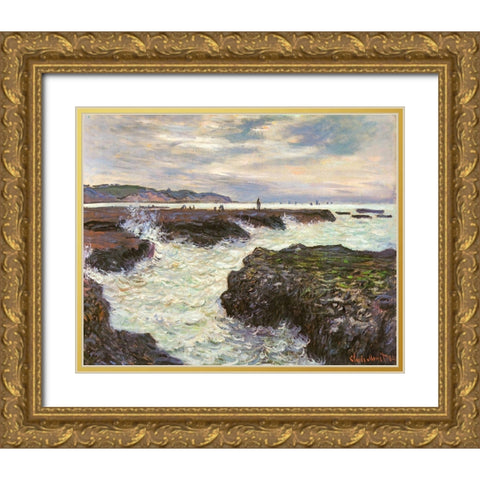 The Rocks at Pourvillle 1882 Gold Ornate Wood Framed Art Print with Double Matting by Monet, Claude