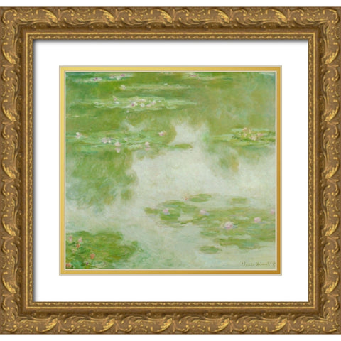 Water-lilies green 1907 Gold Ornate Wood Framed Art Print with Double Matting by Monet, Claude