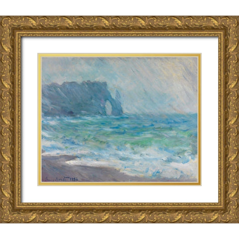 Rain at Etretat Gold Ornate Wood Framed Art Print with Double Matting by Monet, Claude