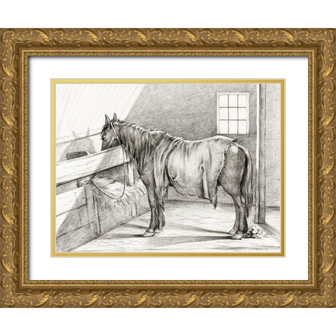Standing Horse in a Stable Gold Ornate Wood Framed Art Print with Double Matting by Bernard, Jean