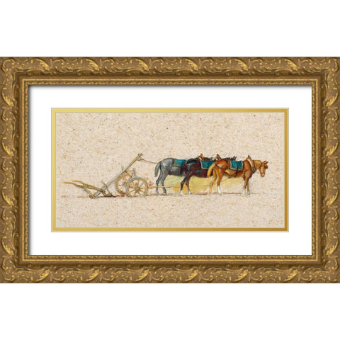 Study of Three Horses with a Plow Gold Ornate Wood Framed Art Print with Double Matting by Colman, Samuel