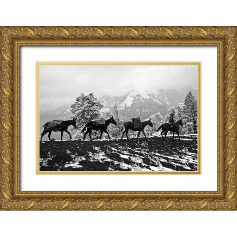 Winter Mule Packing Gold Ornate Wood Framed Art Print with Double Matting by Vintage Photography