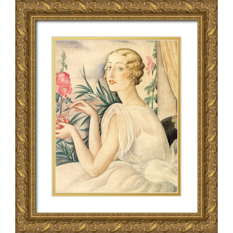 A woman in white sitting by a window Gold Ornate Wood Framed Art Print with Double Matting by Wegener, Gerda