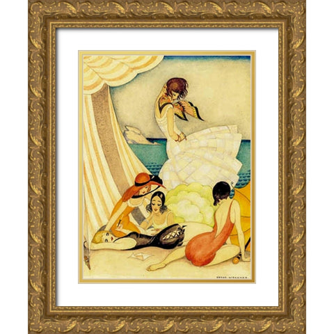 Five women at a beach Gold Ornate Wood Framed Art Print with Double Matting by Wegener, Gerda