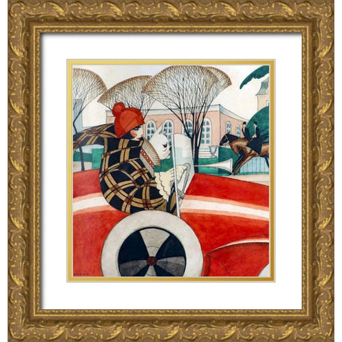 Girl and pug in an Automobile Gold Ornate Wood Framed Art Print with Double Matting by Wegener, Gerda