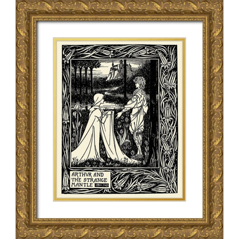 Morte DArthur 1893 - Arthur and the Strange Mantle Gold Ornate Wood Framed Art Print with Double Matting by Beardsley, Aubrey